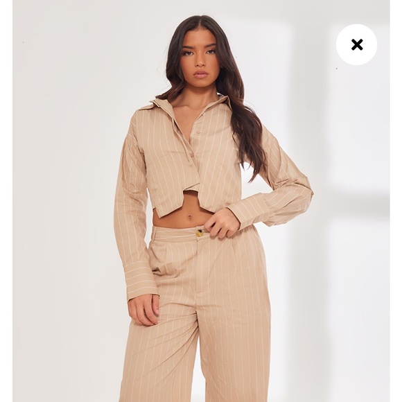PrettyLittleThing Tops - PrettyLittleThing•Stone Poplin Pinstripe Pocket Detail Cropped Shirt NWT 4